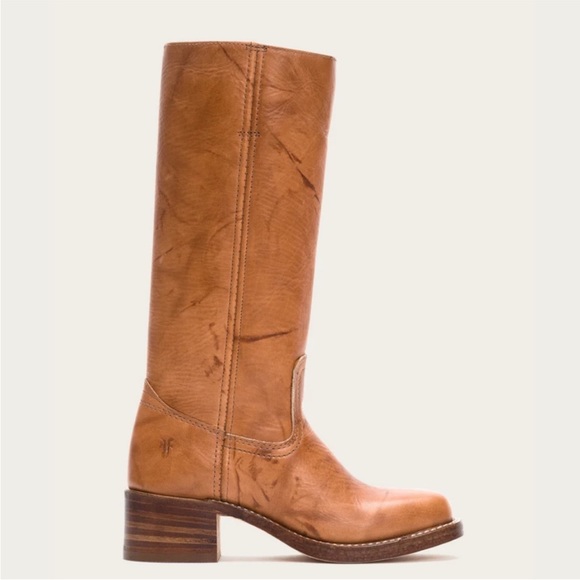 $599 Frye Campus 14L Cognac Leather Block Heel Square Knee High Tall Cowboy Boot - Picture 2 of 15